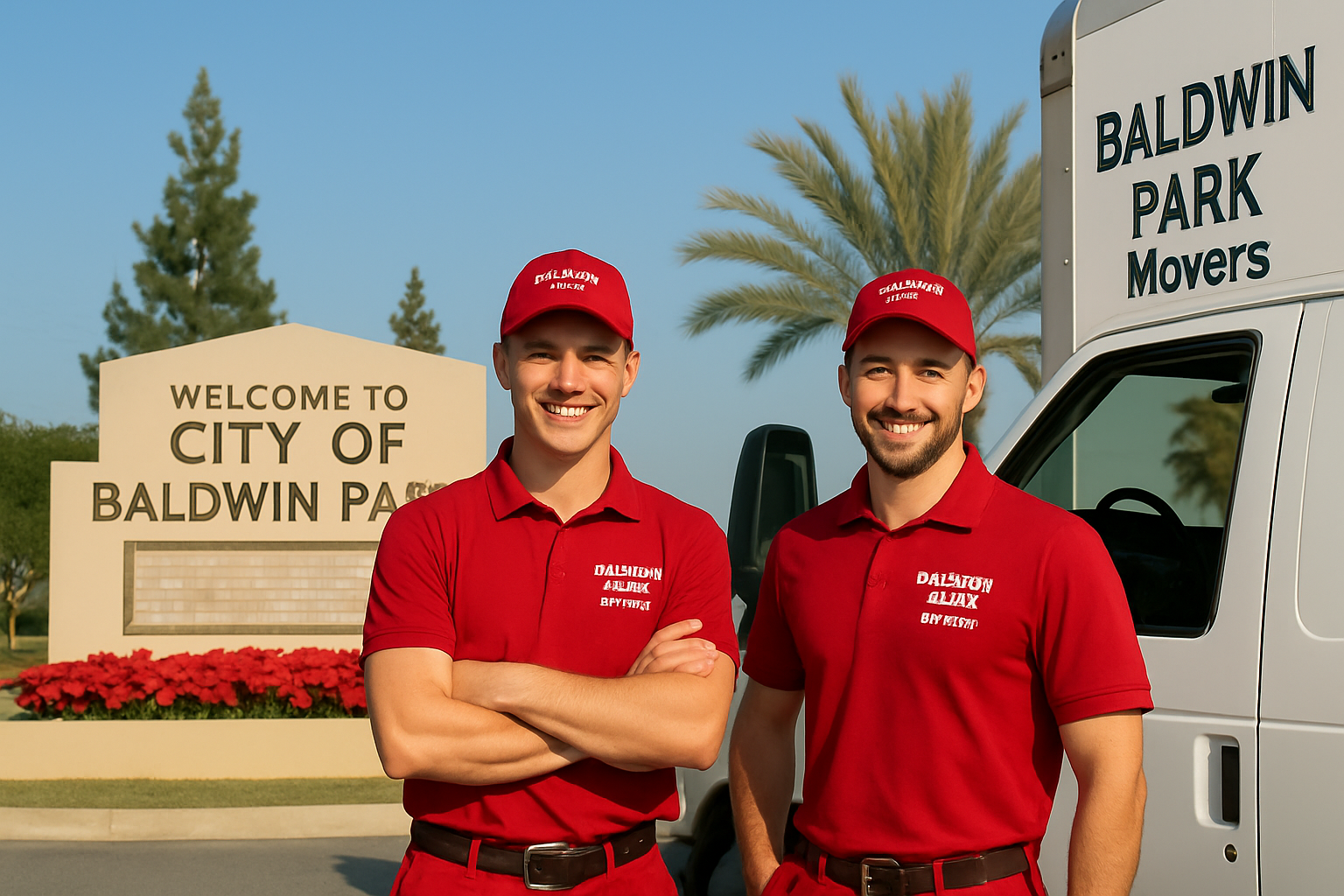 Baldwin Park Movers crew in front of red moving truck